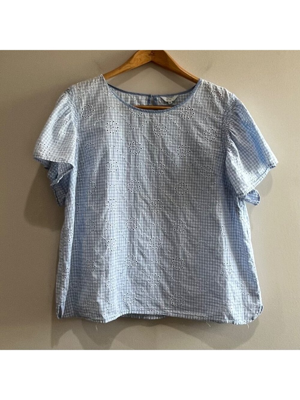 Crown & Ivy Blue Gingham Print Flutter Sleeve Blouse Womens XXL Eyelet Lace